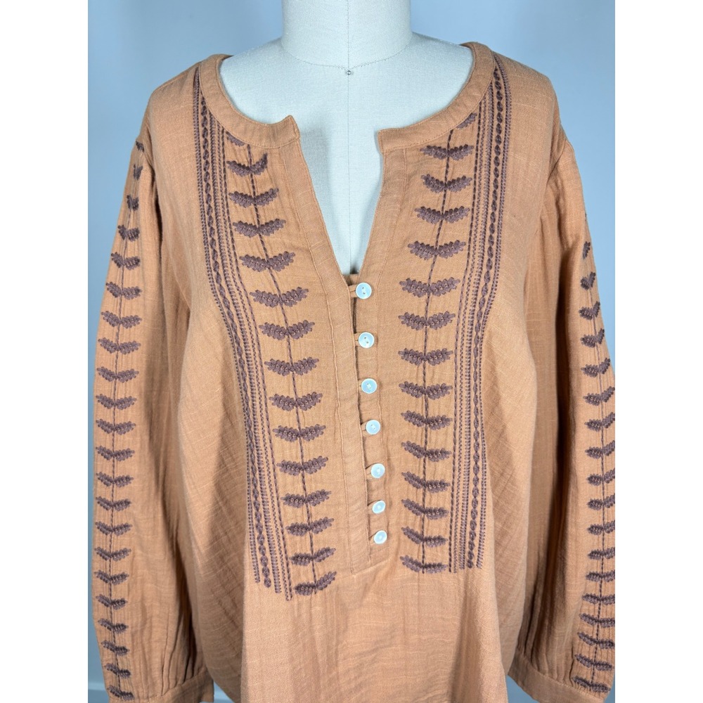 Pure Jill Womens Blouse LP Burnt Orange Embroidered Gauze Boho Peasant Top - Picture 2 of 14